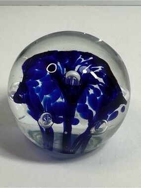 KZ Kerry Zimmerman Cobalt Blue Floral Glass Paperweight Signed Vintage 1995